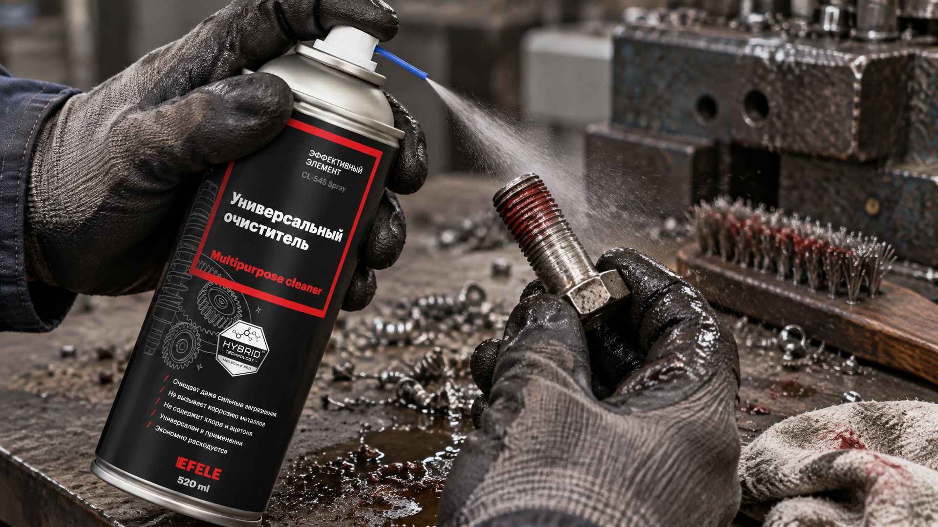 Рука наносит EFELE CL-545 Spray, чтобы снять остатки анаэробного герметика.