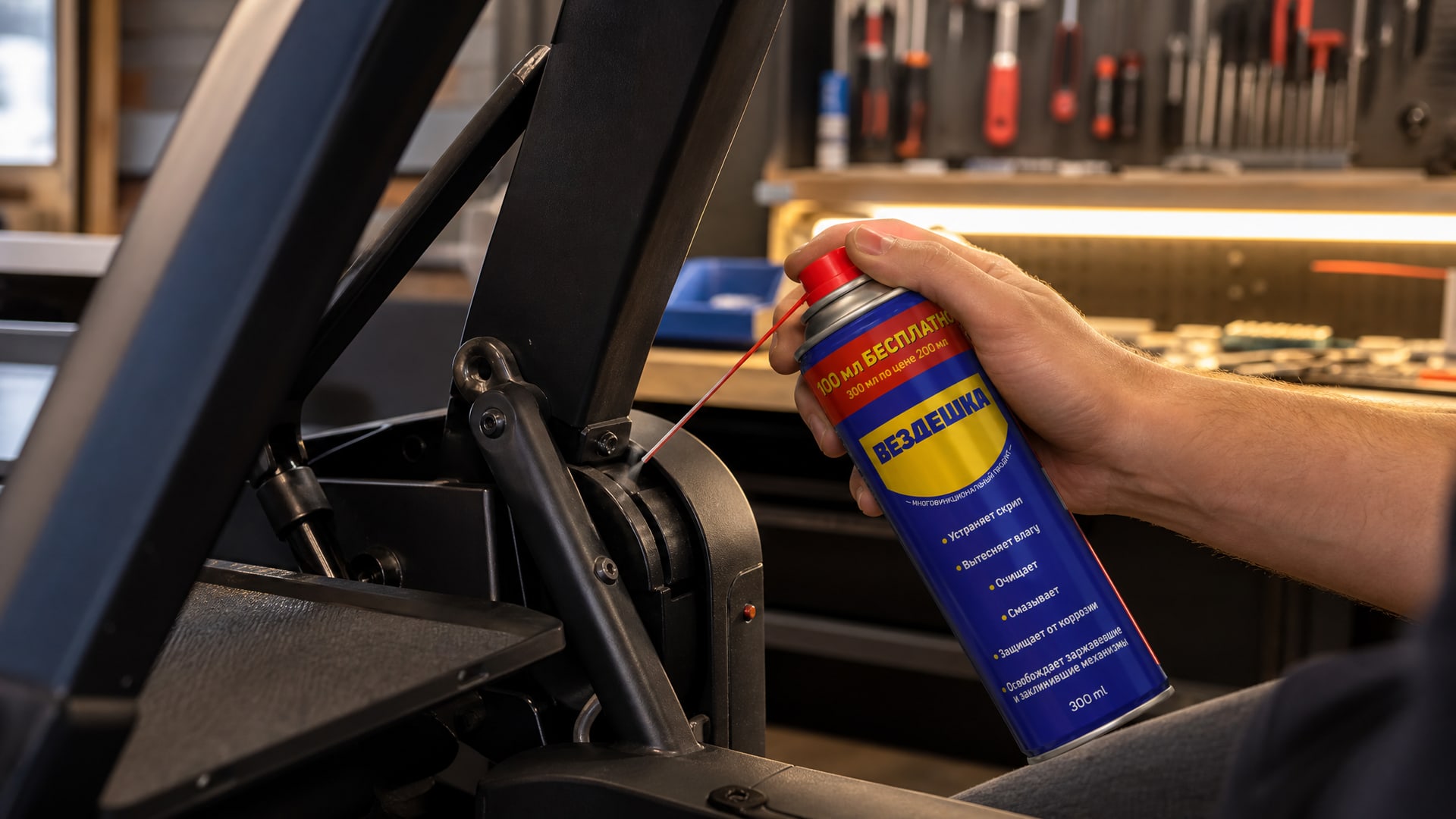 Рука наносит универсальную смазку wd-40 на детали беговой дорожки.