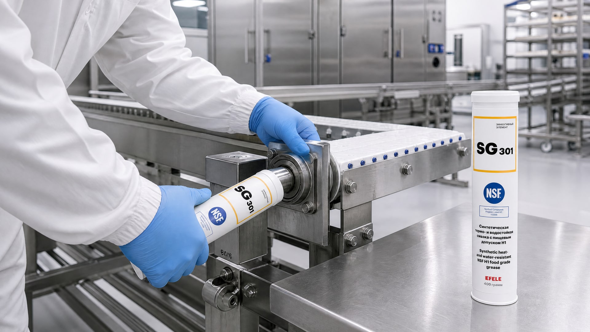 Нанесение смазки EFELE SG-301 на оборудование для пищевой промышленности.