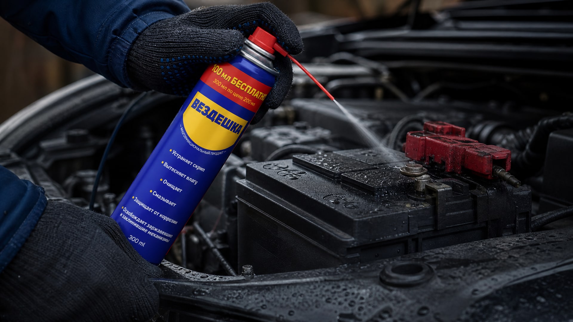 Рука в перчатке наносит универсальную смазку WD-40 на клеммы аккумулятора.