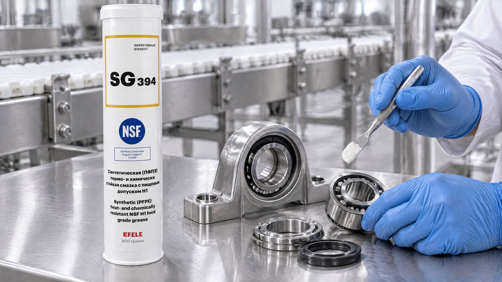 Рука наносит пищевую смазку EFELE SG-394 (термо-химстойкая, NSF H1) на оборудование.