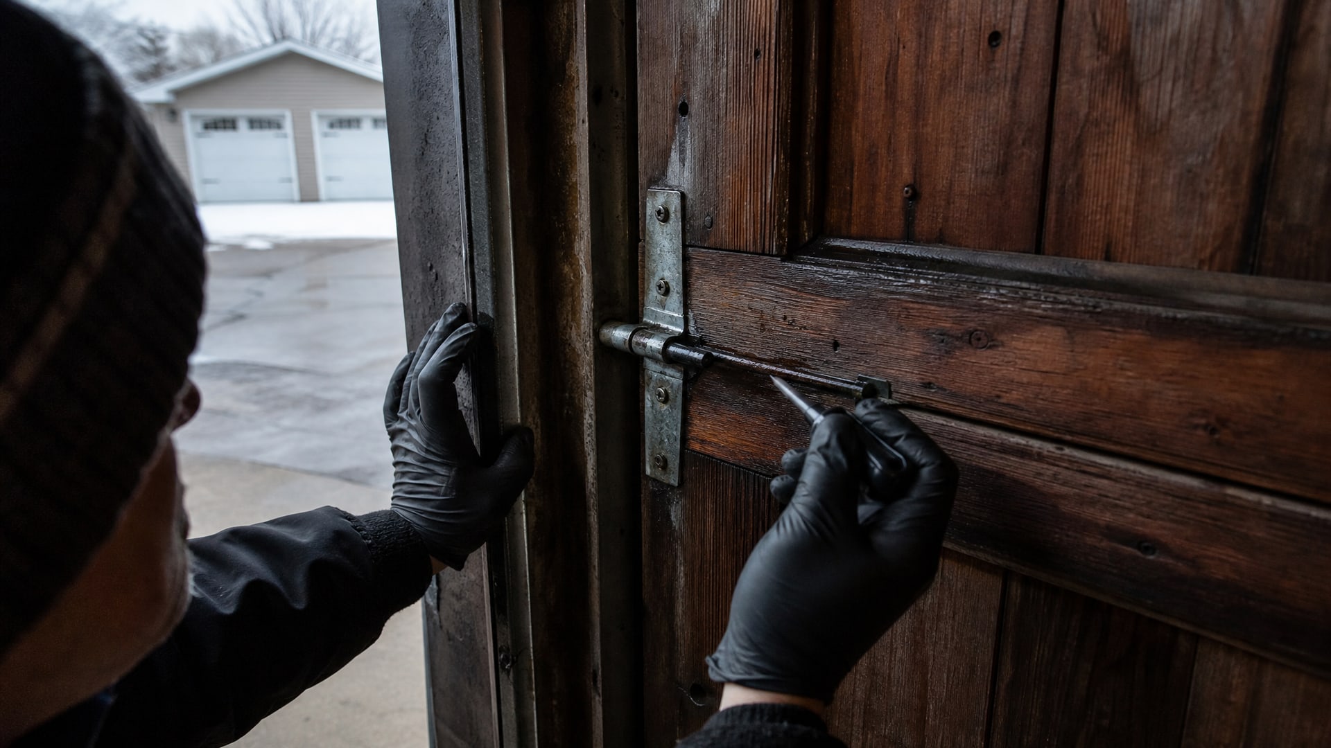 Рука в перчатке смазывает вд-40 металлическую петлю открытых гаражных ворот.