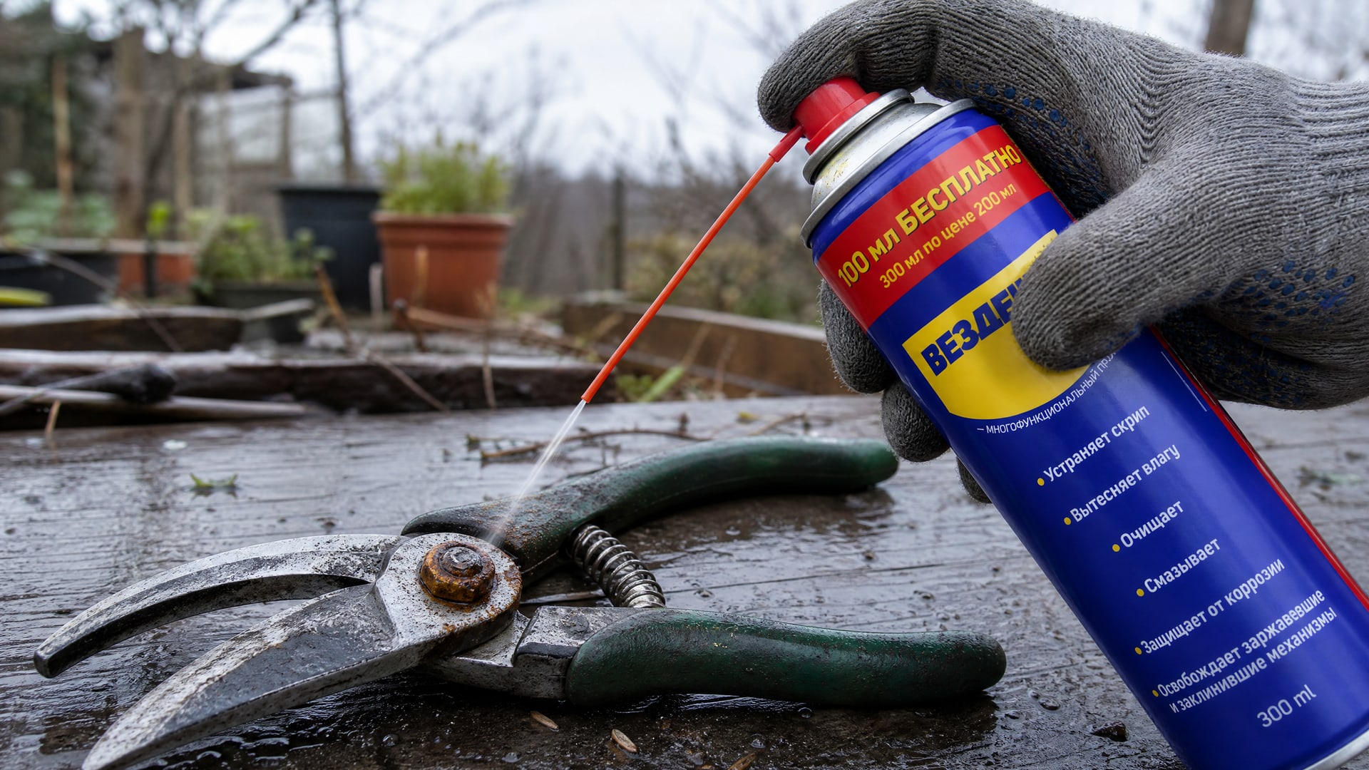 Рука в перчатке наносит универсальную смазку wd-40 на секатор.