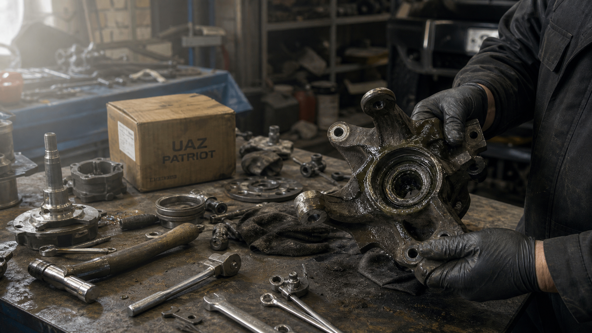 Руки механика смазывают поворотный кулак УАЗа в гараже с инструментами.