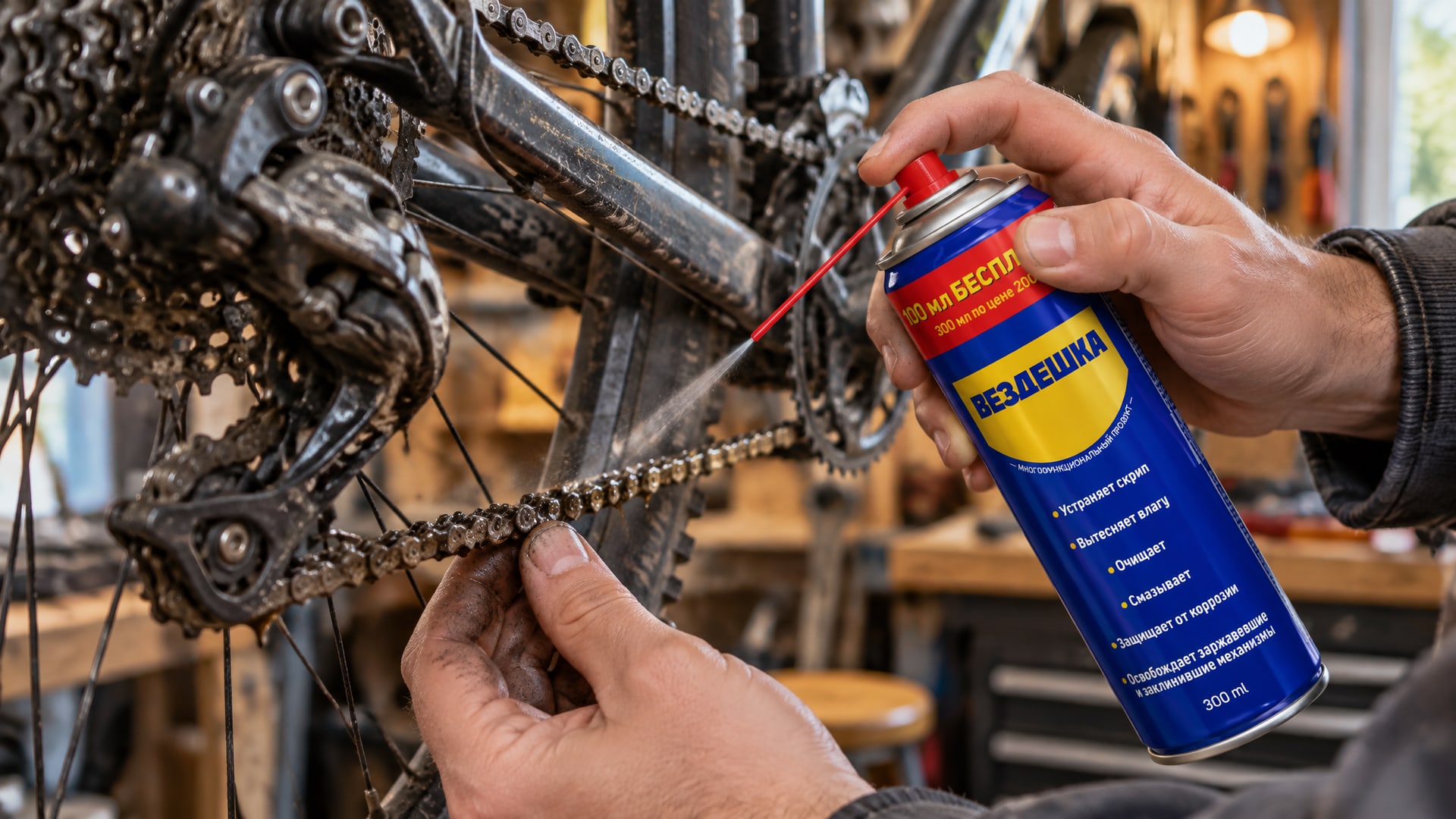 Рука в перчатке наносит универсальную смазку WD-40 на велосипедную цепь.