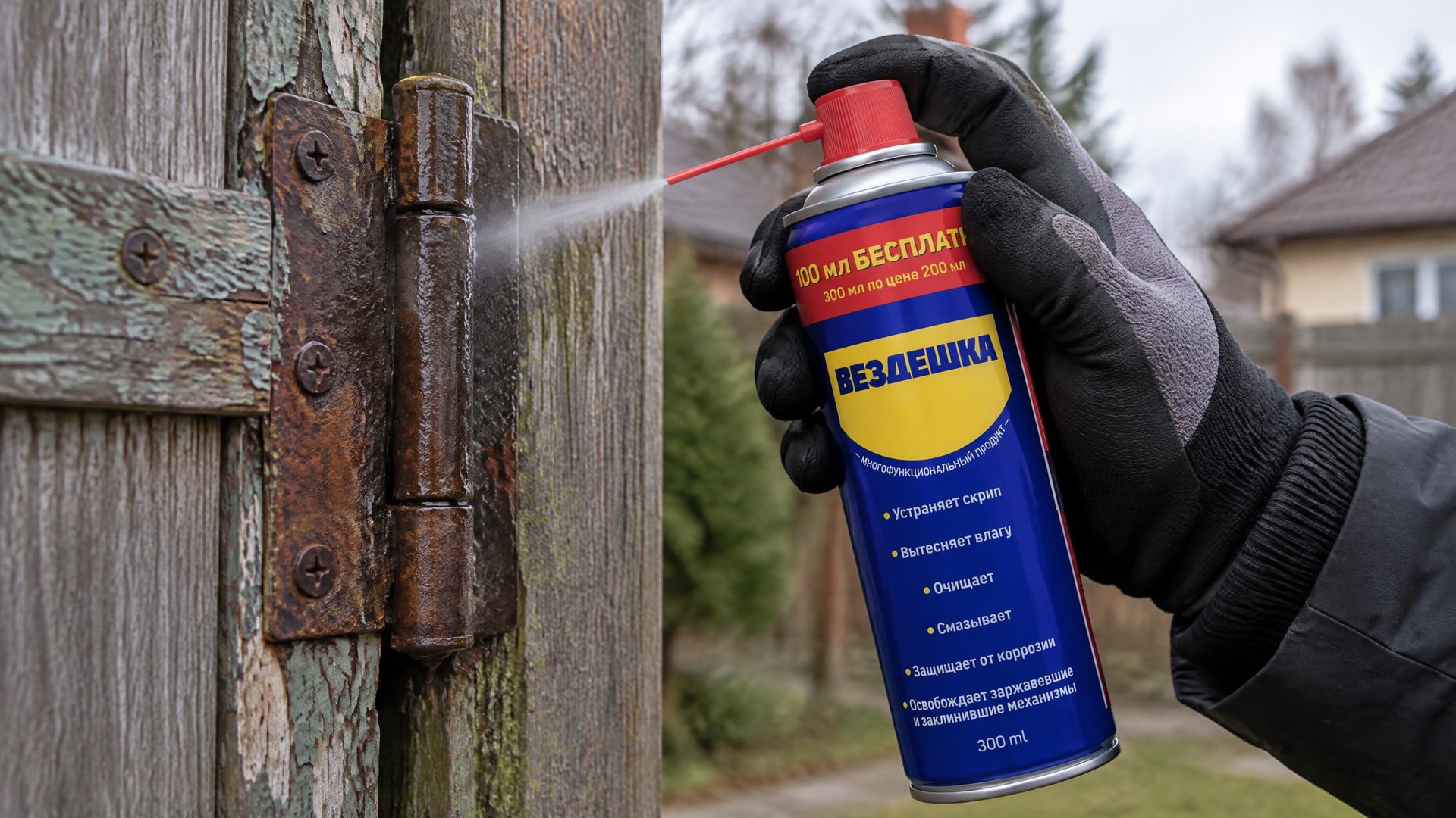Рука в перчатке наносит универсальную смазку WD40 на петли калитки.