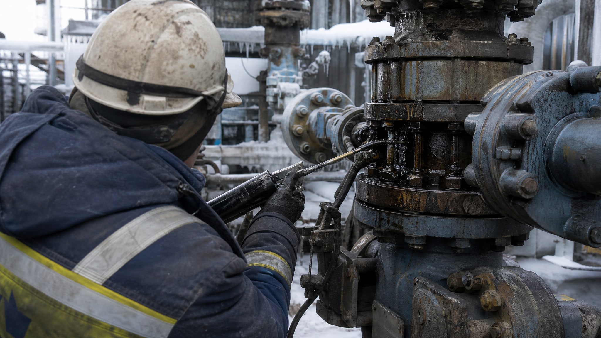 Специалист обслуживает оборудование для нефтедобычи смазкой с дисульфидом молибдена в условиях Арктики.