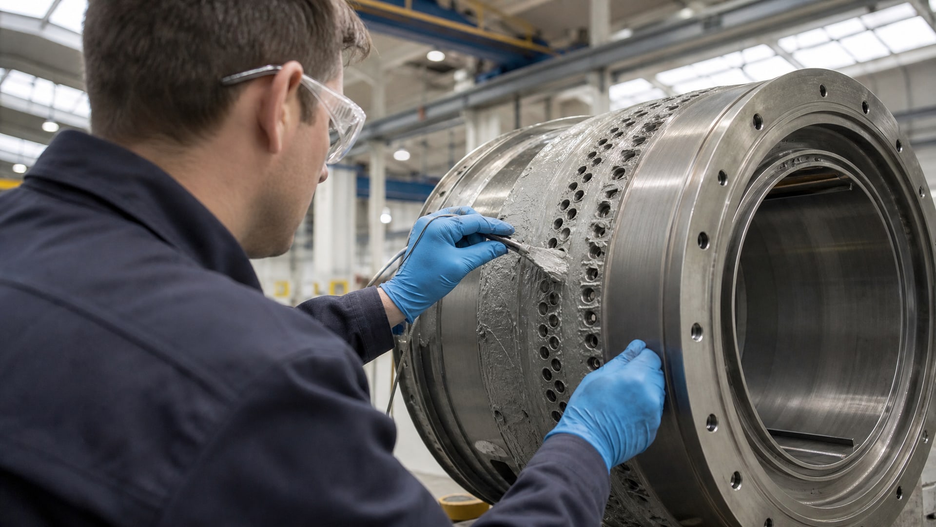 Инженер аккуратно наносит маскирующий компаунд на технологические отверстия в покрытии цилиндрической детали.