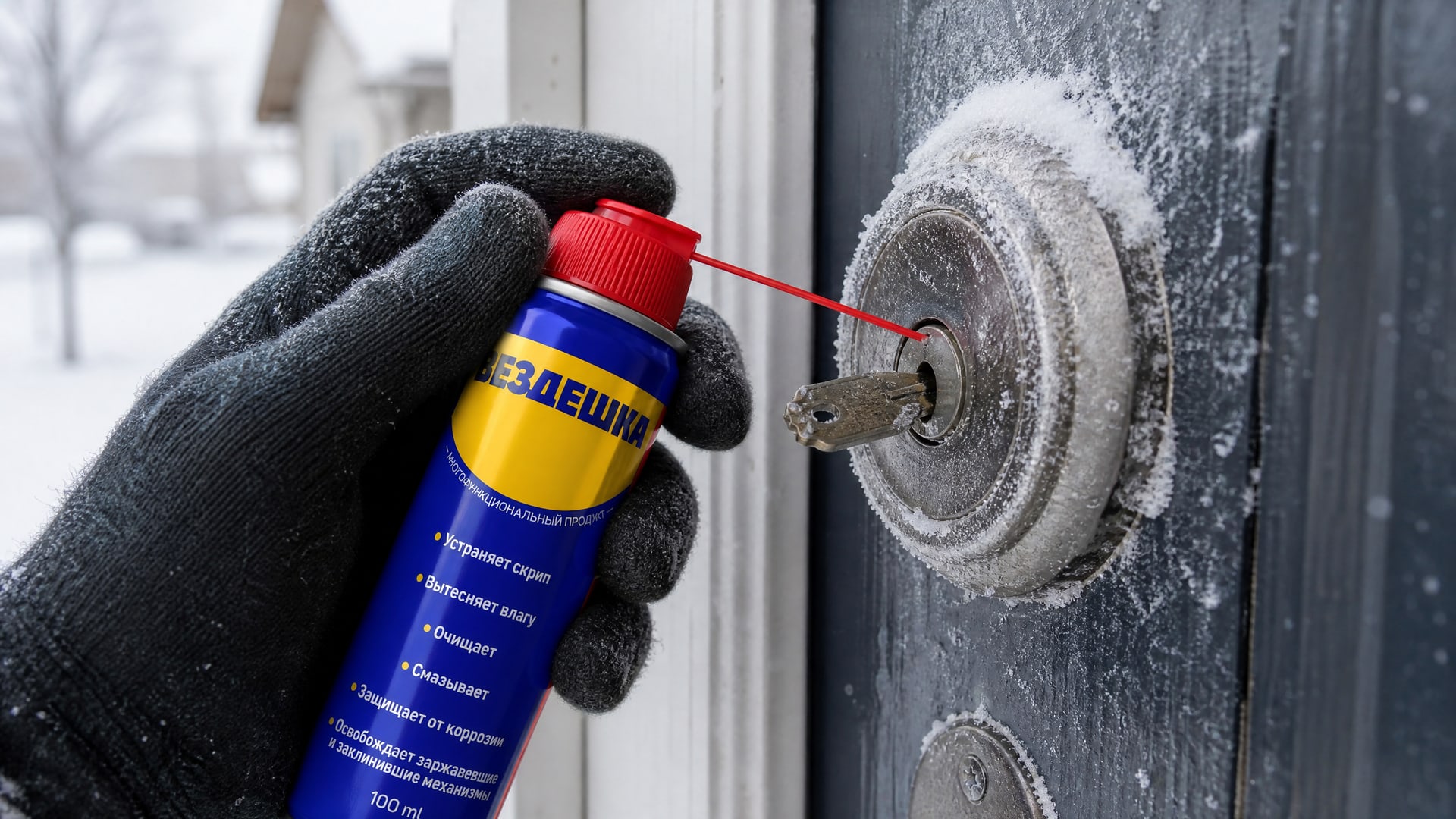 Рука в перчатке распыляет универсальную смазку wd-40 на замок.