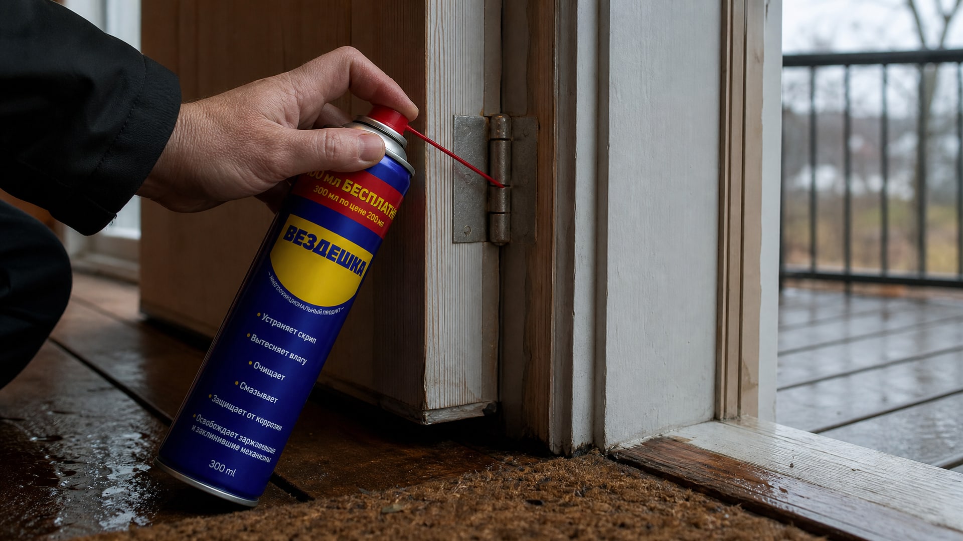 Рука в перчатке наносит универсальную смазку WD-40 на дверные петли.