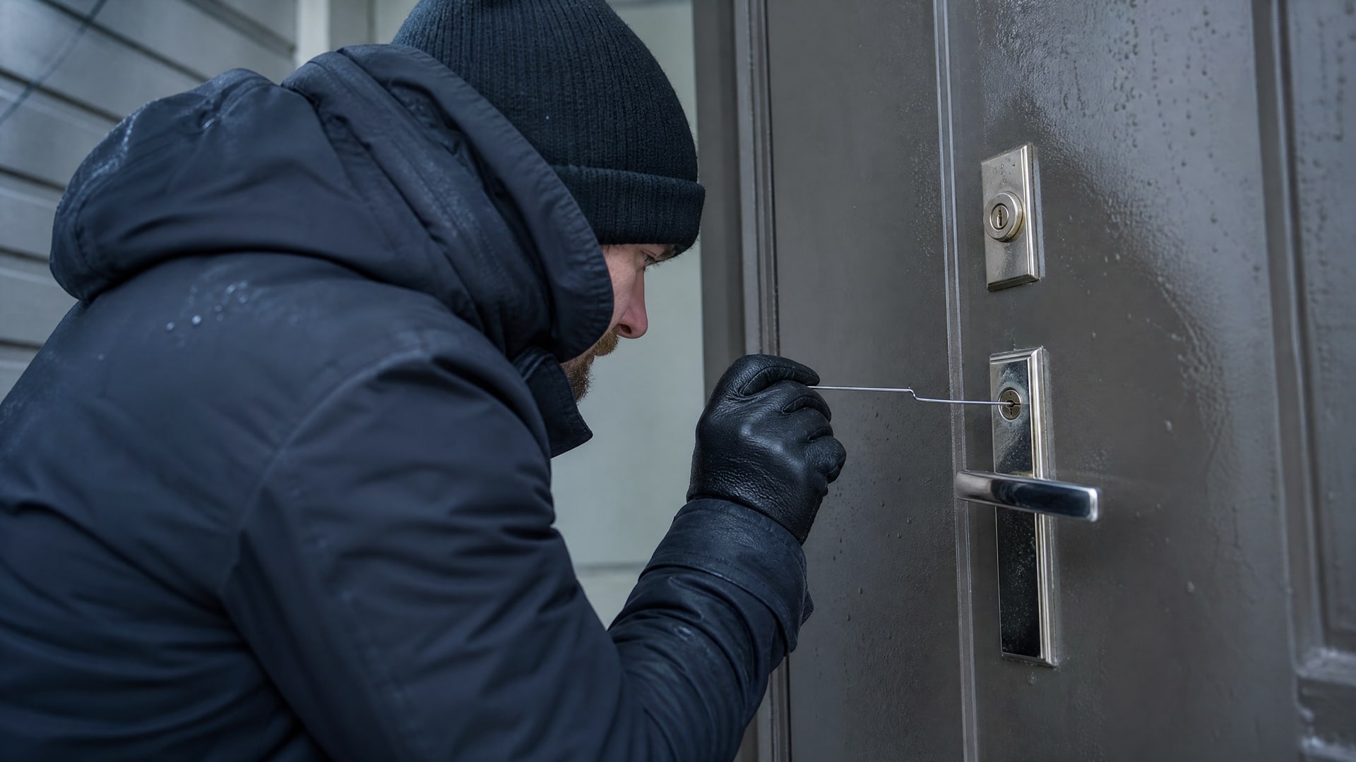 Человек в перчатках аккуратно извлекает обломок ключа из замка двери тонким крючком.