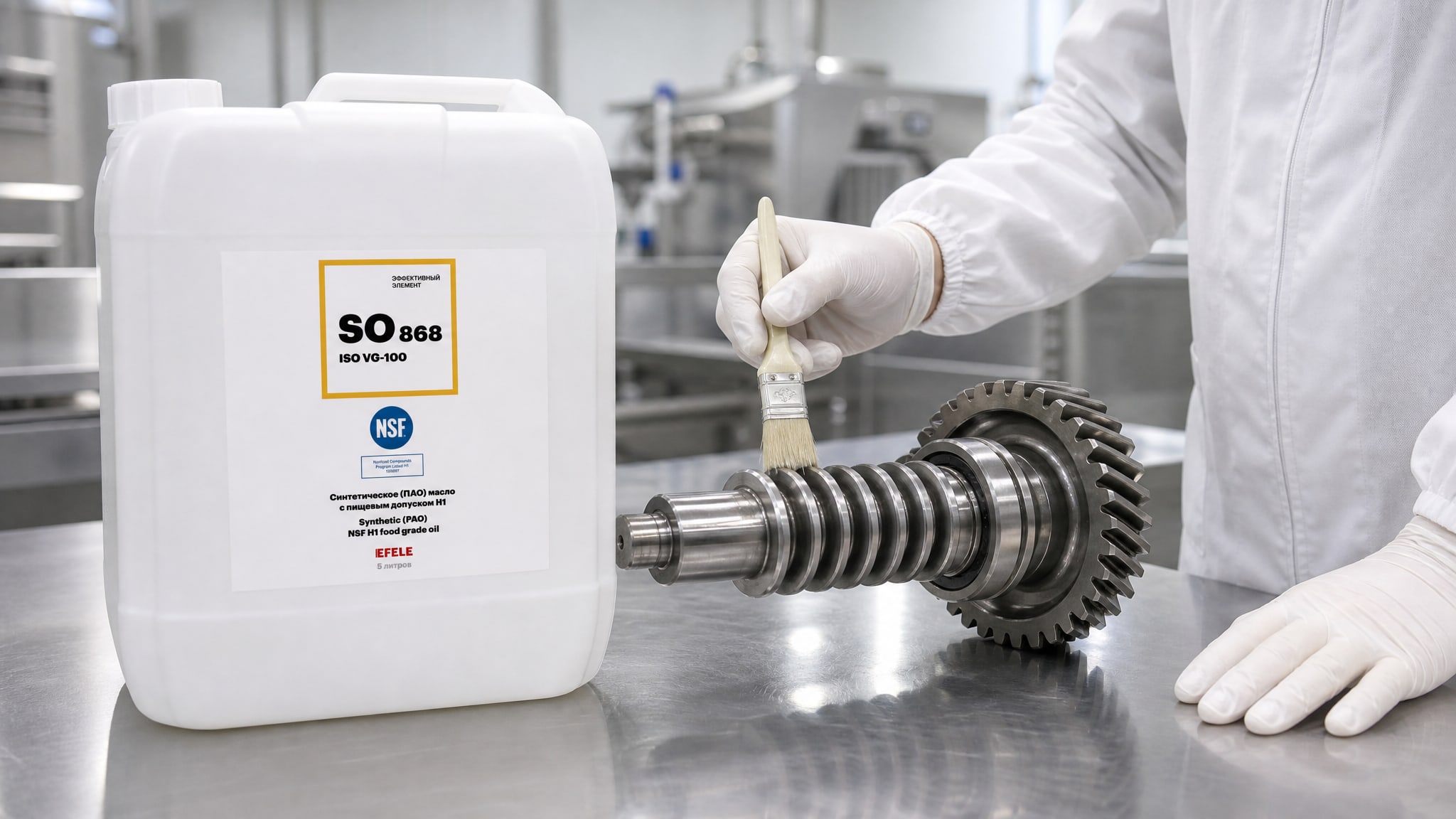 Рука в перчатке наносит EFELE SO-868 (ПАО масло, NSF H1) на упаковку.