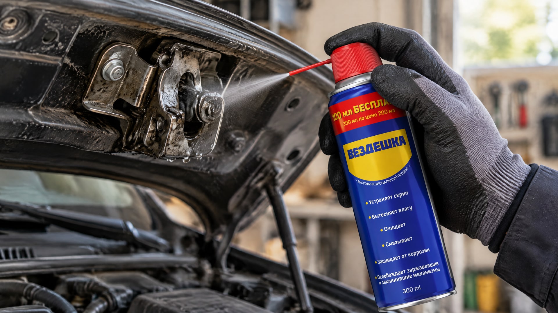 Рука в перчатке наносит WD-40 на защелку капота.