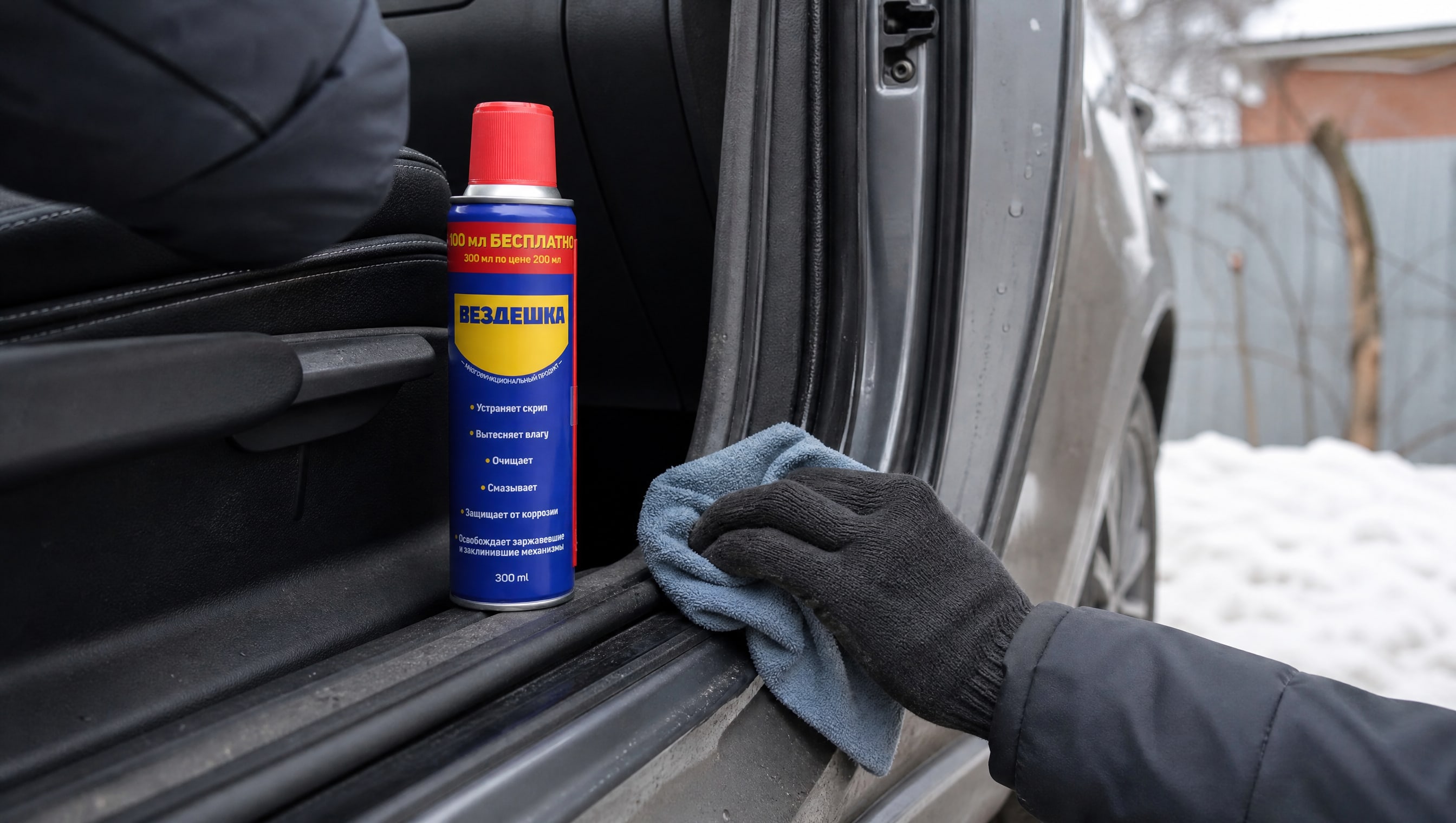 Нанесение универсальной смазки wd-40 на уплотнители перчаткой.