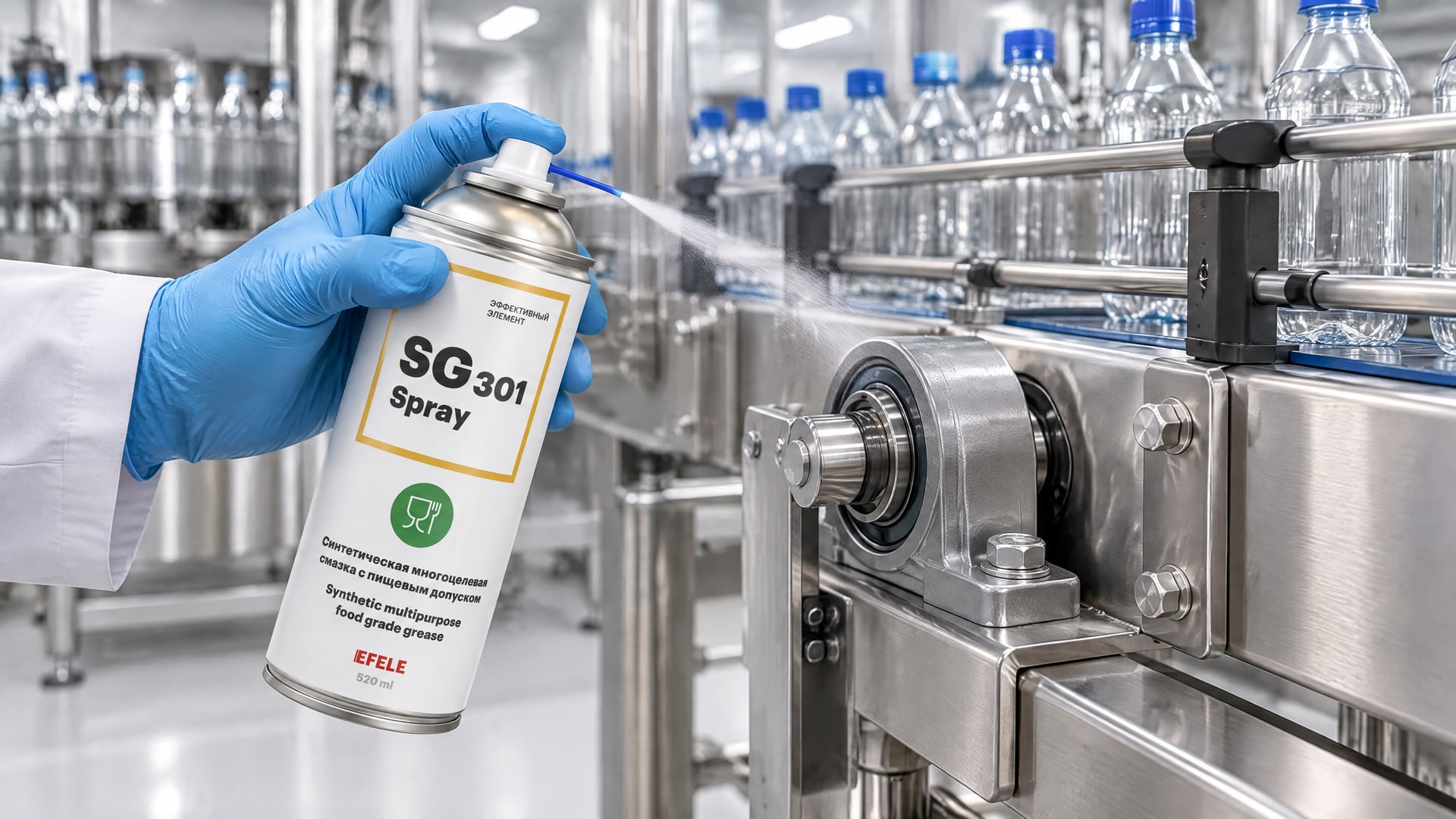 Нанесение термо- и водостойкой смазки EFELE SG-301 Spray (NSF H1) на оборудование.
