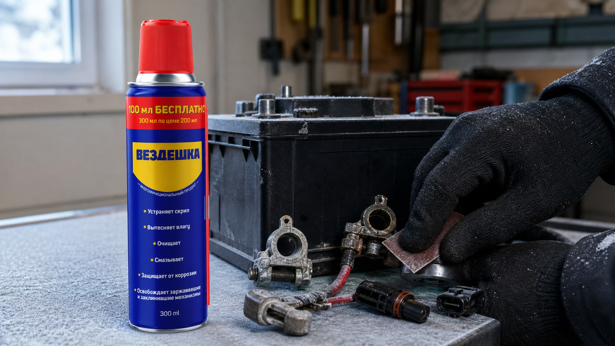 Человек в перчатке наносит универсальную смазку WD-40 на электроконтакты.