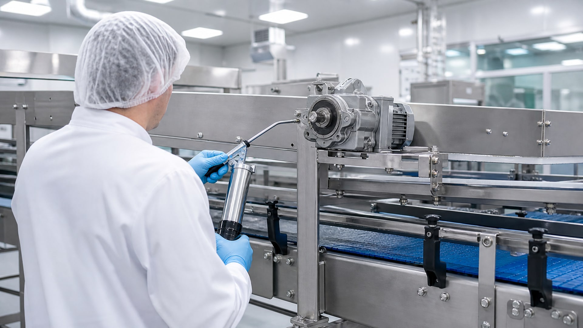 Рабочий в перчатках аккуратно наносит смазку H1 HACCP аудит на редуктор конвейера.