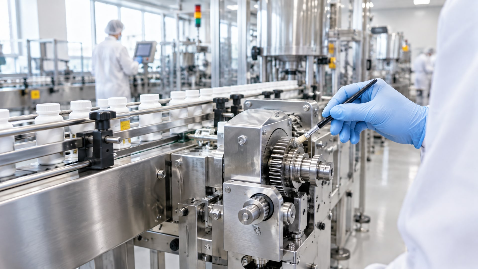Защита продукта смазка наносится на движущийся механизм фармацевтического конвейера. Защита продукта смазка наносится на движущийся механизм фармацевтического конвейера.
