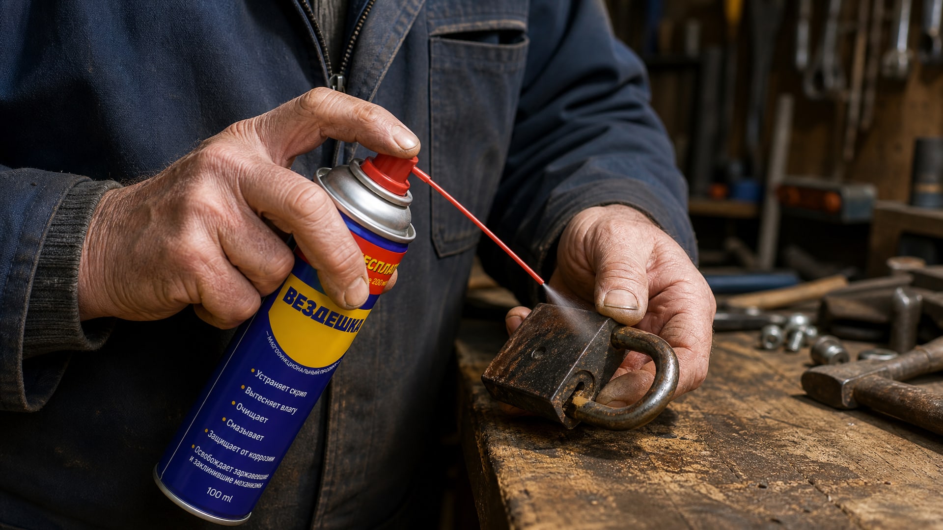 Рука в перчатке наносит WD-40 на навесной замок.