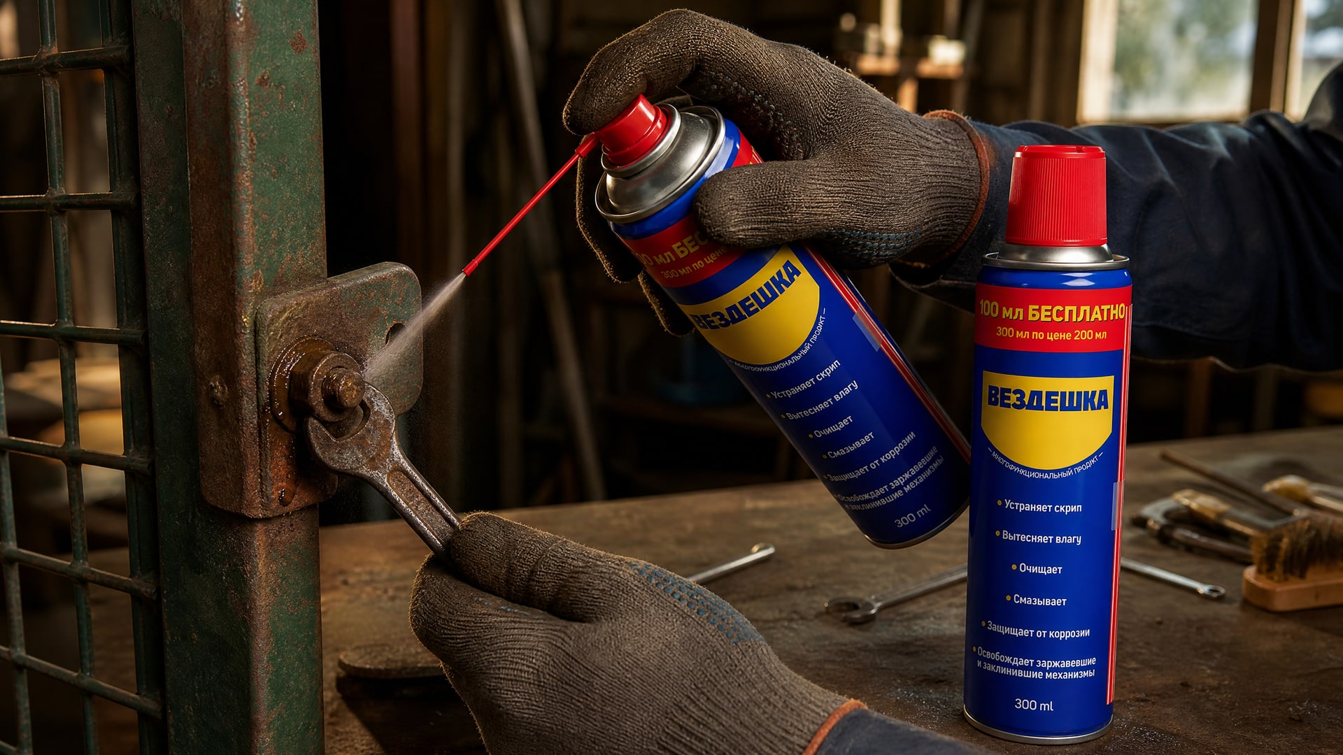 Рука в перчатке распыляет универсальную смазку WD40 на заржавевшие болты.