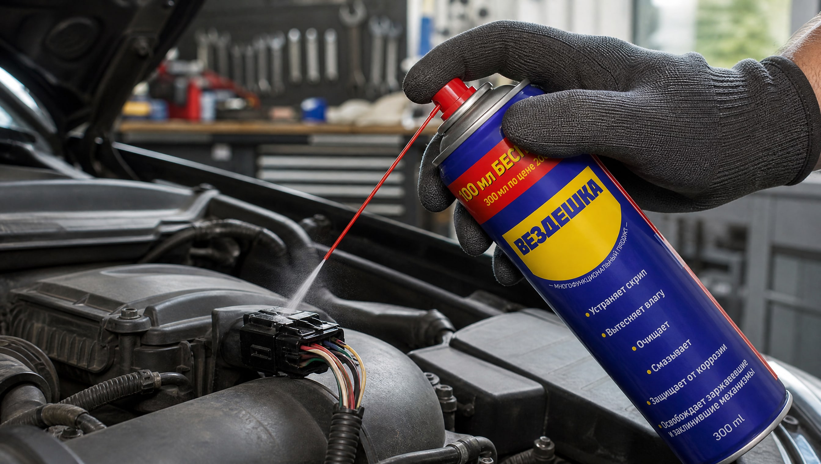 Рука в перчатке распыляет универсальную смазку WD-40 на электроконтакты.