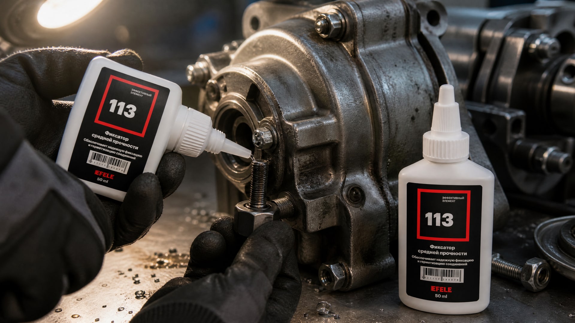 Рука наносит EFELE 113, герметик для резьбы, предотвращающий вибрацию.