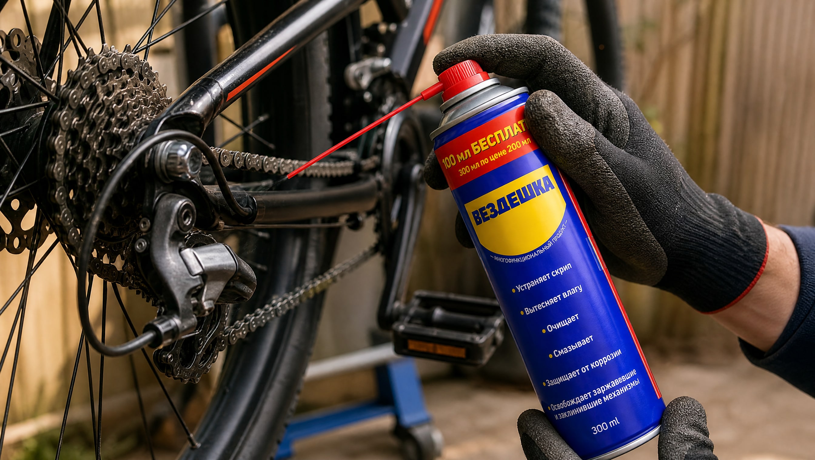 Рука в перчатке наносит универсальную смазку wd-40 на велосипедную цепь.