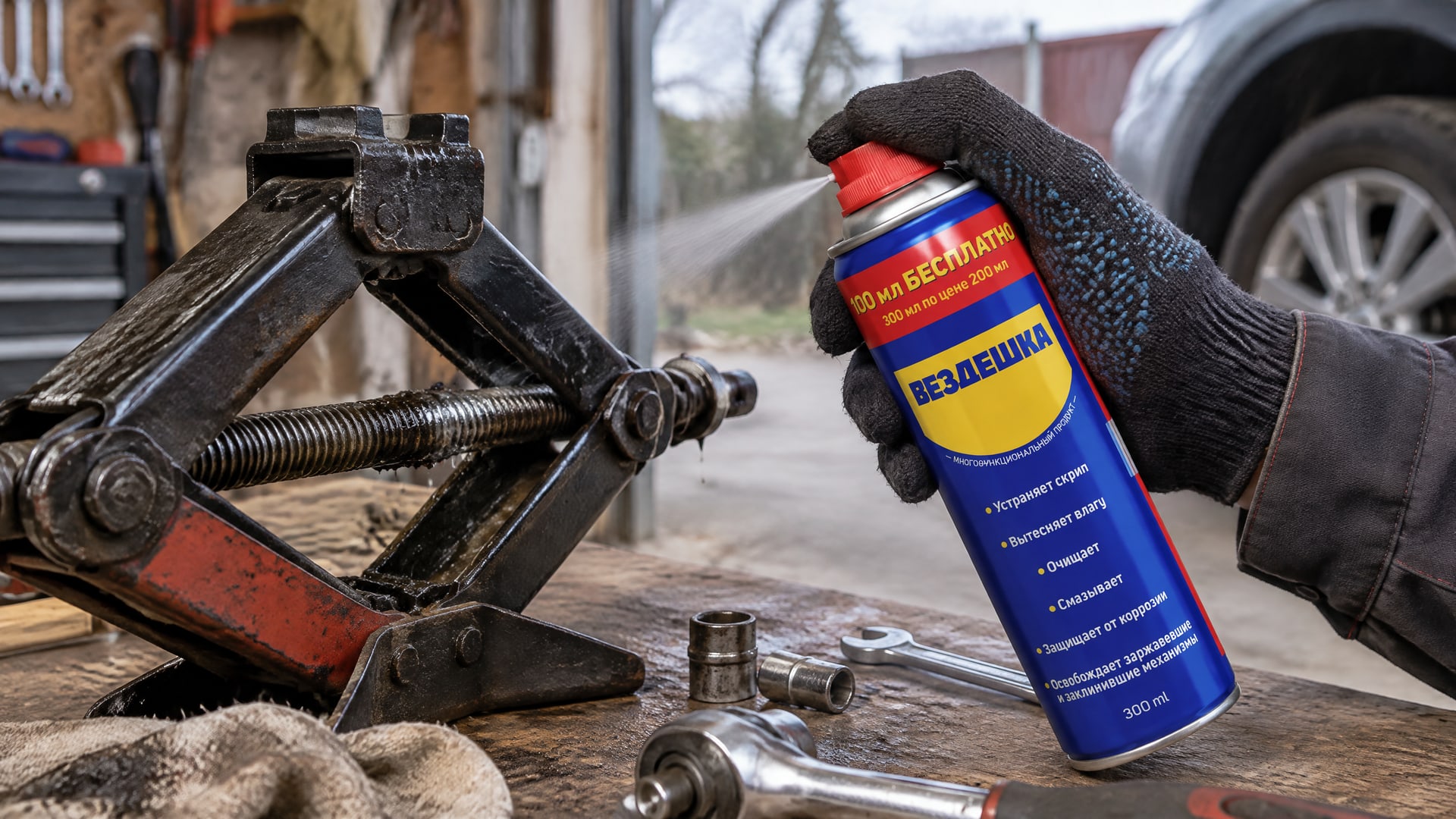Рука в перчатке наносит универсальную смазку WD40 на механизм домкрата.