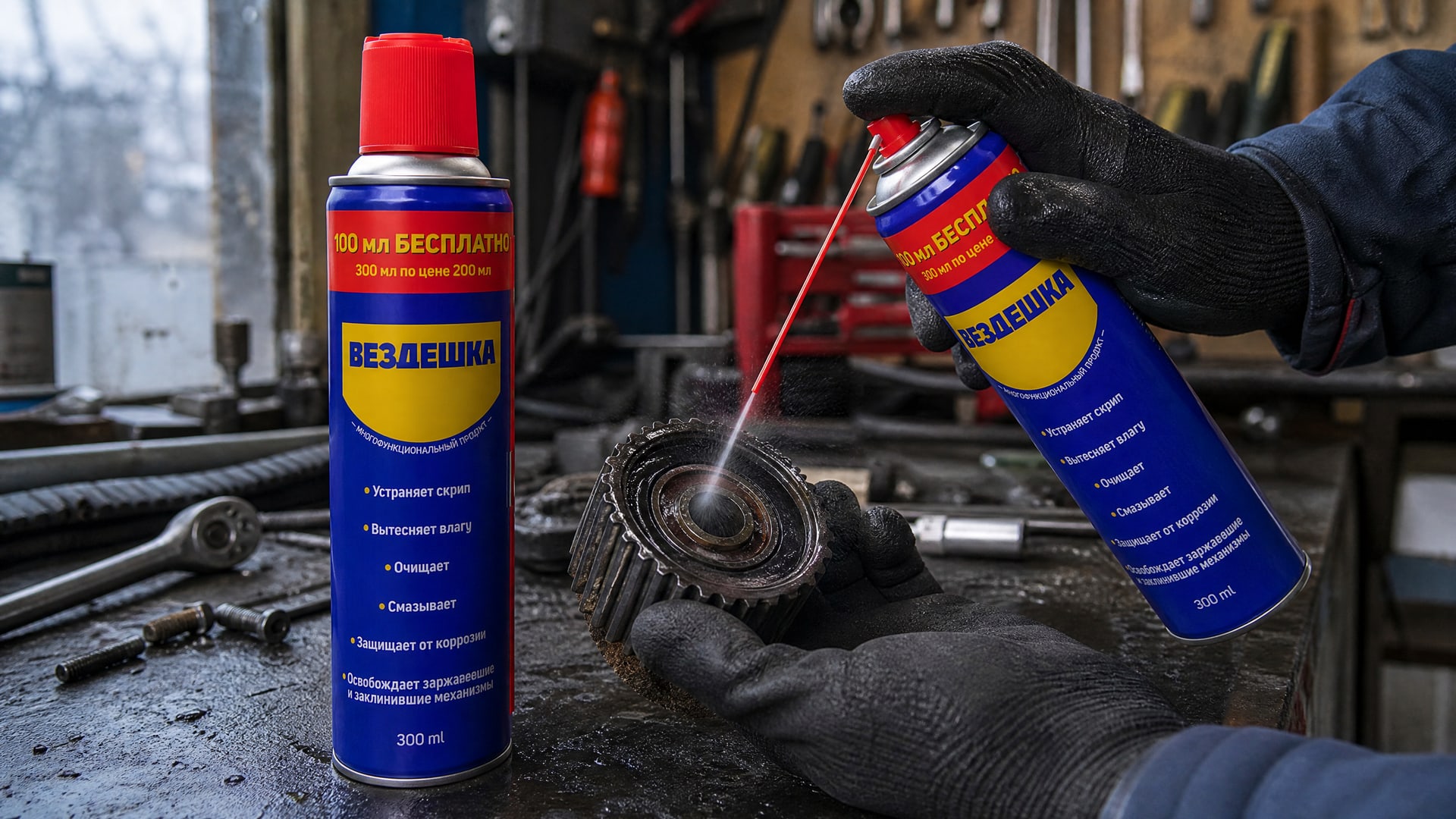 Рука в перчатке наносит универсальную смазку WD40 на подшипник.