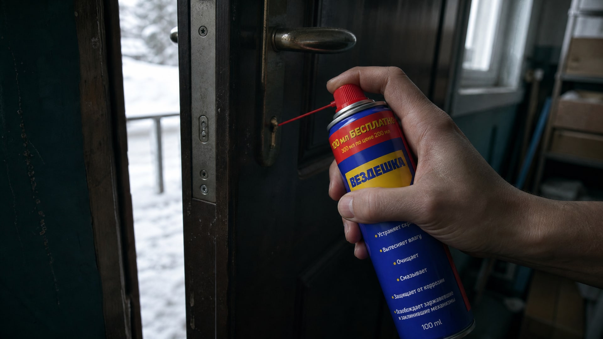 Рука в перчатке наносит универсальную смазку WD-40 на замок.