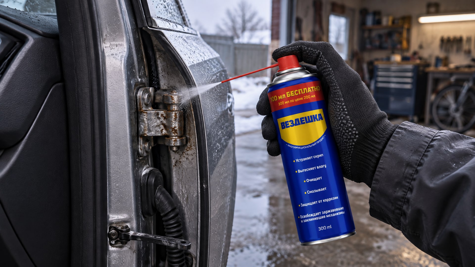 Рука в перчатке наносит универсальную смазку WD40 на петли.