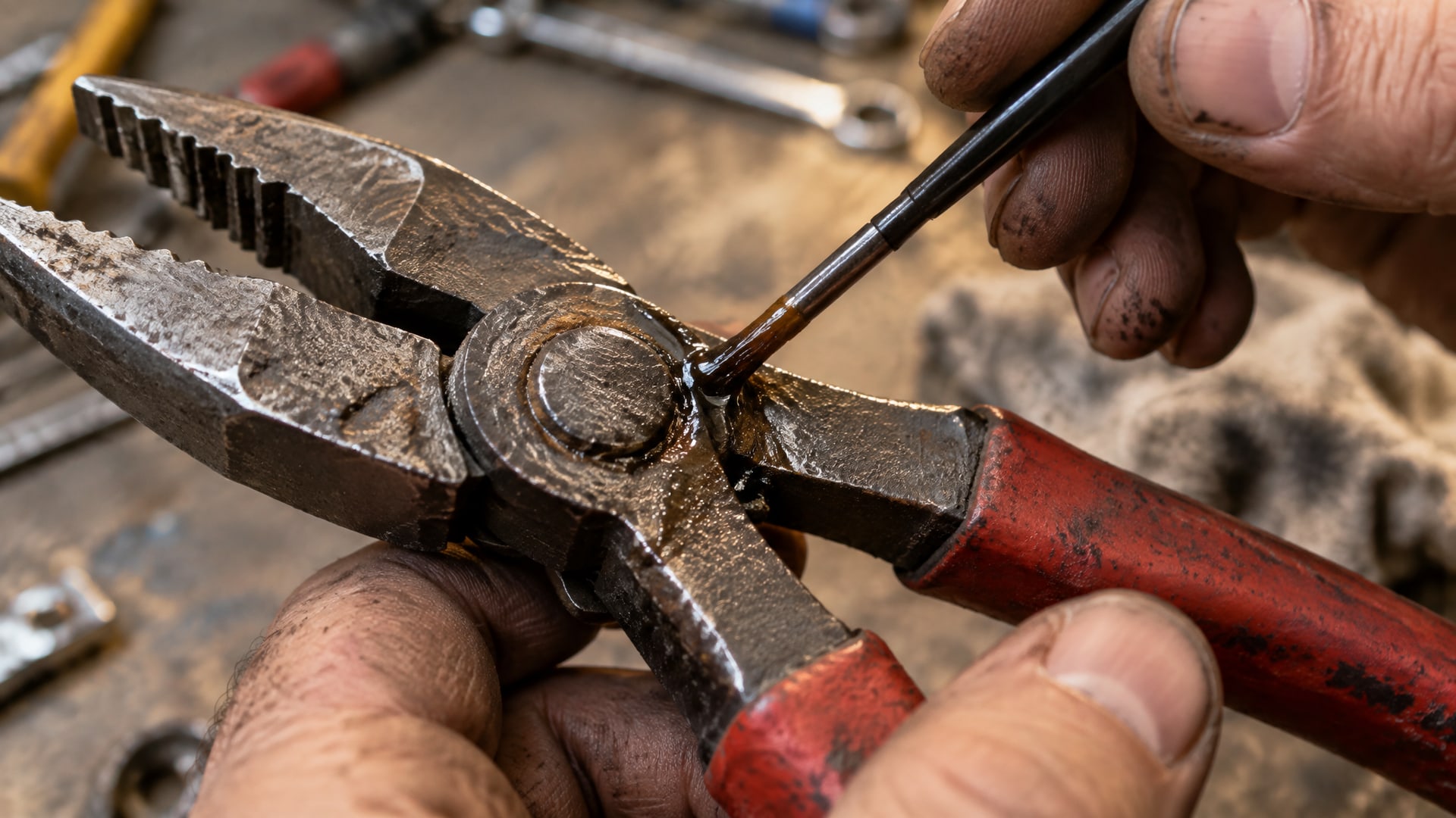 Шарнир плоскогубцев, покрытый грязью, с тонким слоем wd-40.