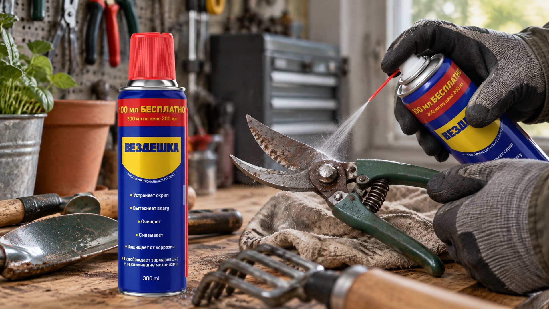 Рука в перчатке наносит универсальную смазку WD40 на инструмент.