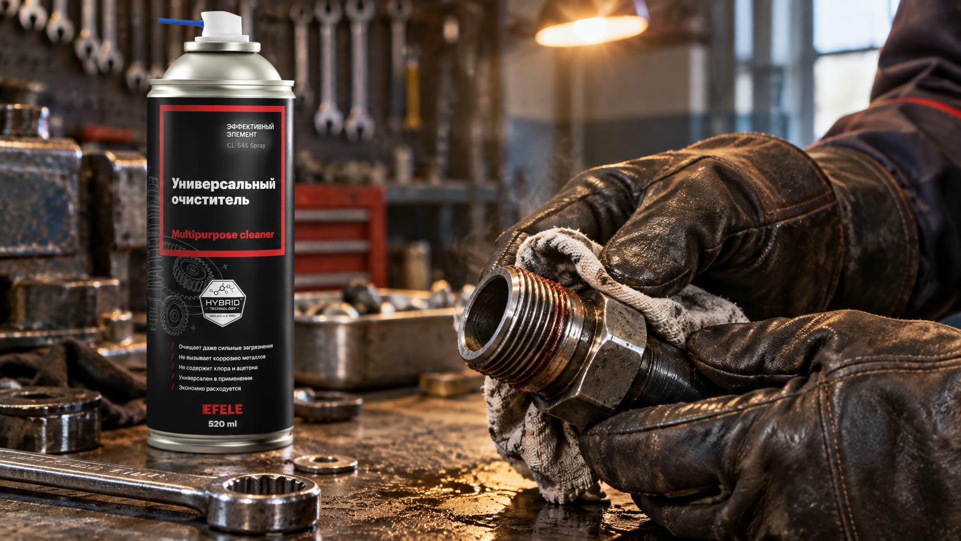 Работник наносит EFELE CL-545 Spray, чтобы удалить анаэробный герметик с резьбы.