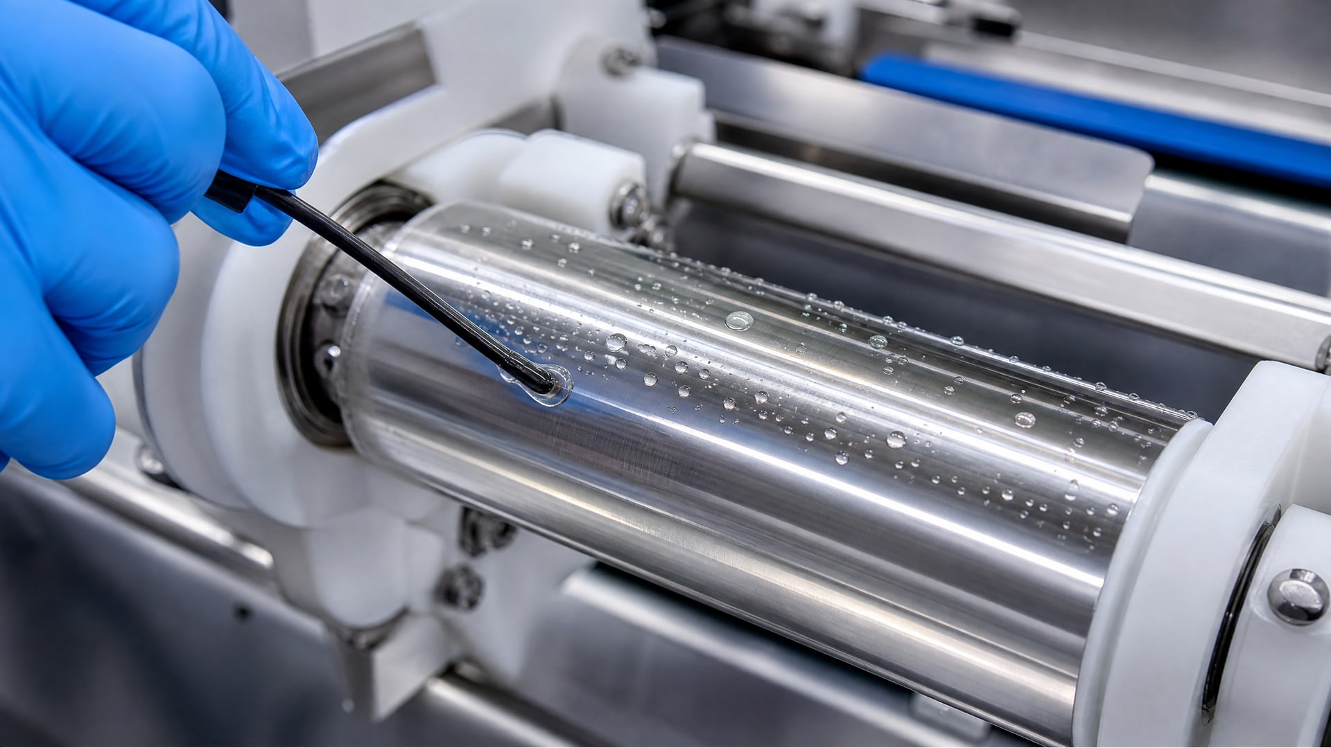Кристально чистая пищевая смазка защищает оборудование от коррозии на ролике конвейера.