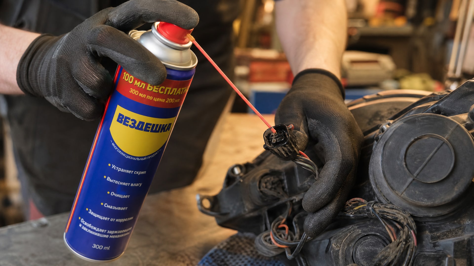 Рука в перчатке наносит универсальную смазку WD-40.