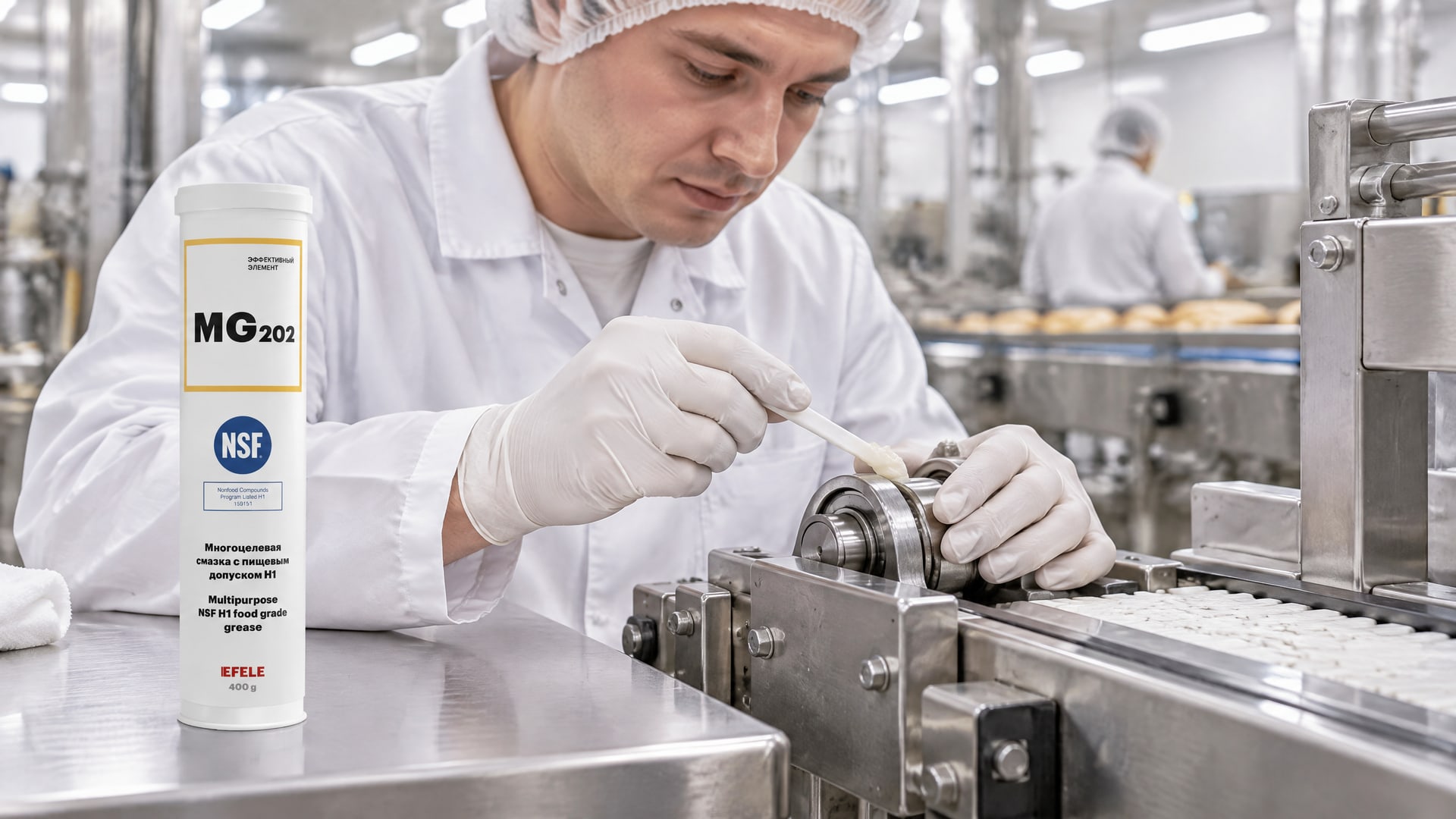 Рабочий наносит смазку EFELE MG-202 (NSF H1) на упаковку для качества продукции.