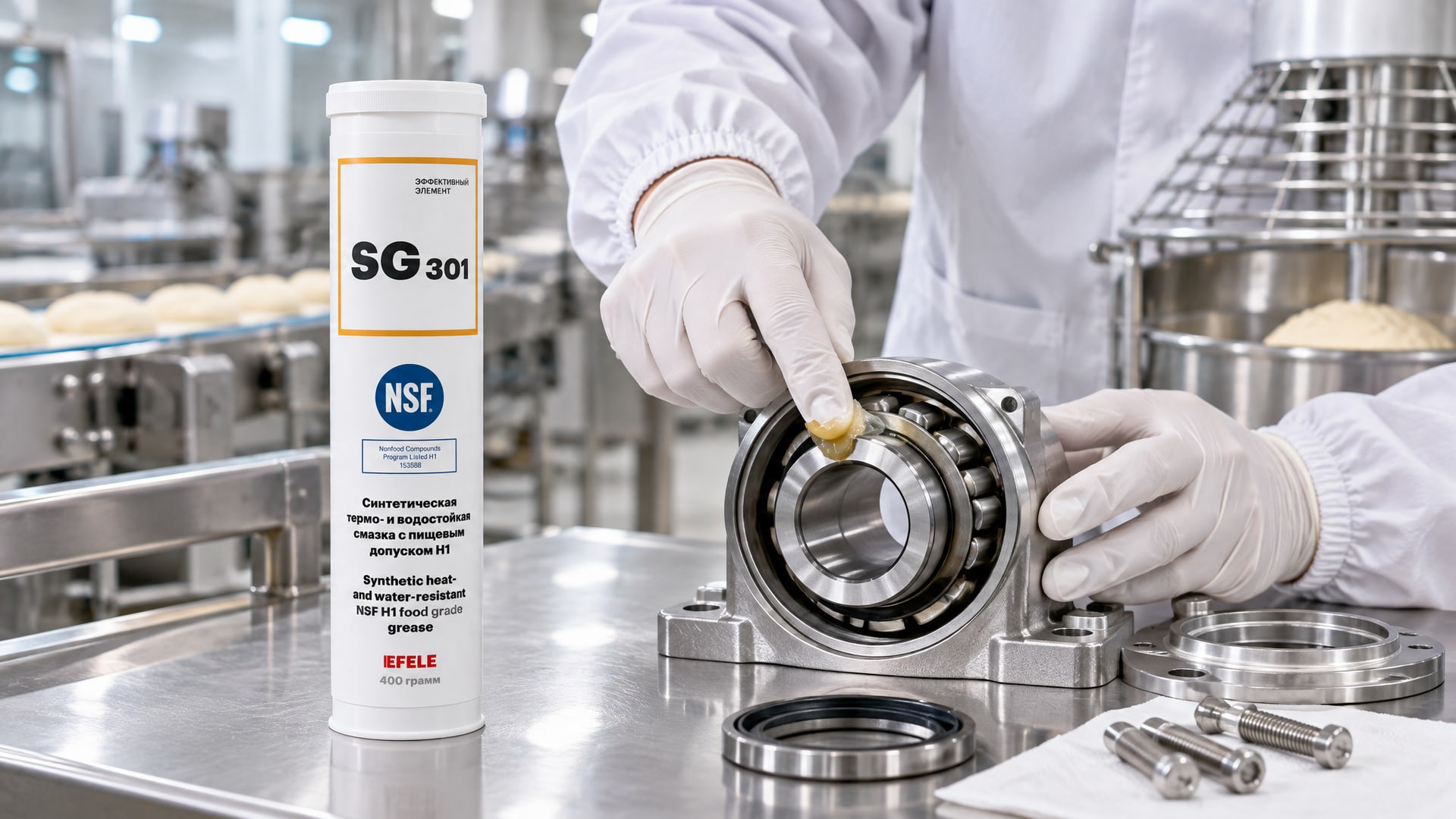 Рука в перчатке наносит EFELE SG-301, упаковка продукта, аналоги пищевых смазок.