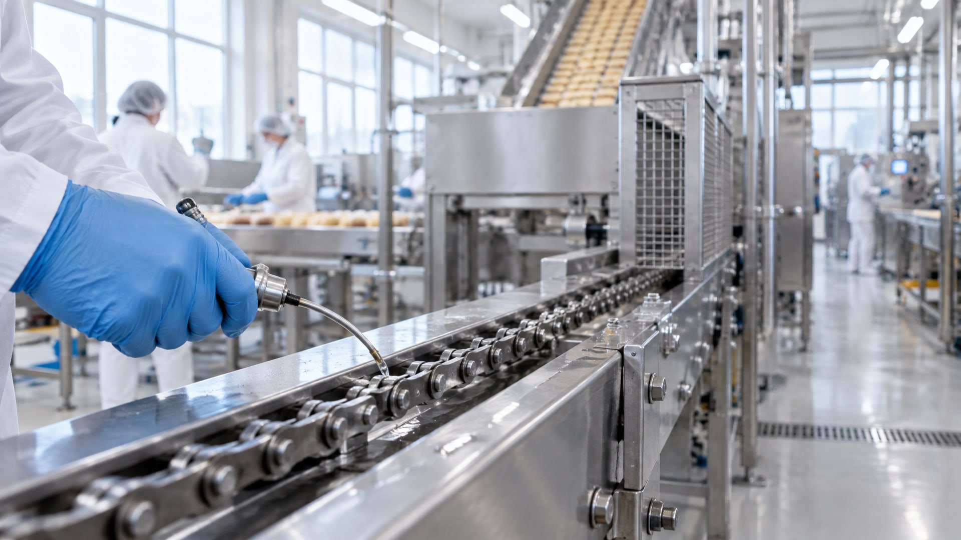 Чистые конвейеры на производстве продуктов питания, смазанные цепным маслом.