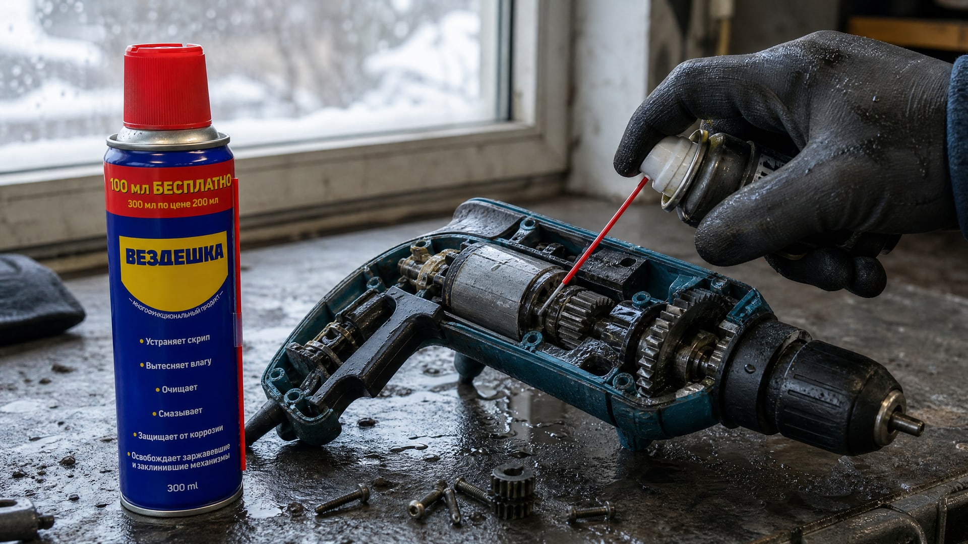 Рука в перчатке наносит универсальную смазку WD40 на инструмент.