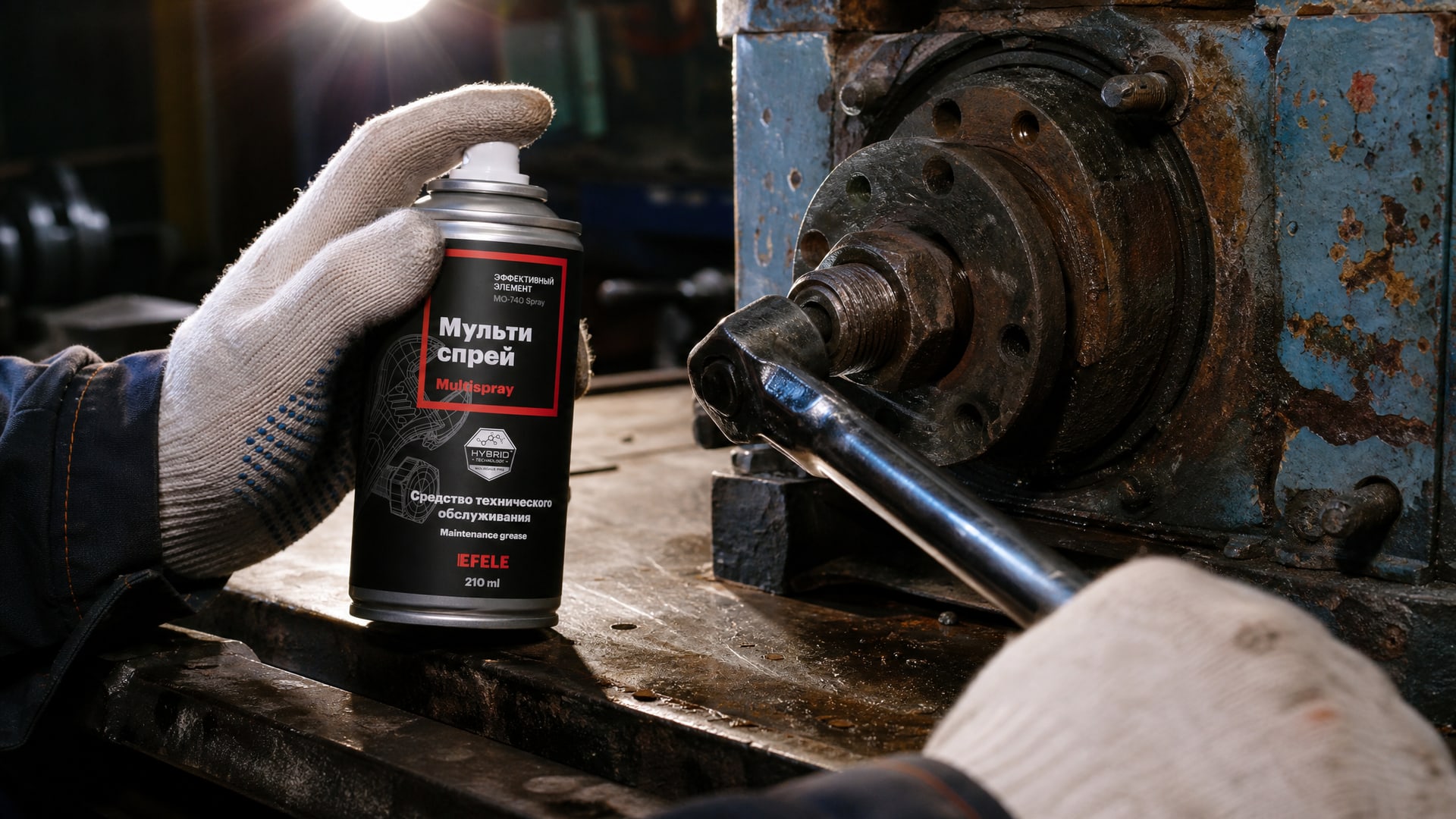 Рука наносит EFELE MO-740 Spray на резьбу для демонтажа фиксатора.