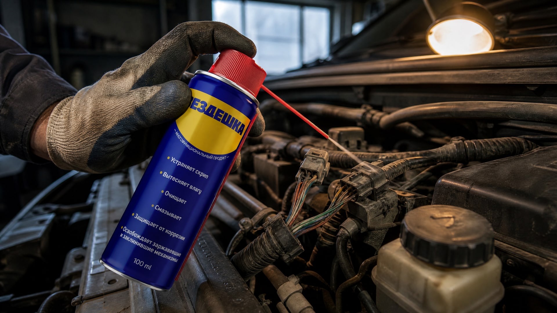Рука наносит универсальную смазку wd-40 на контакты.