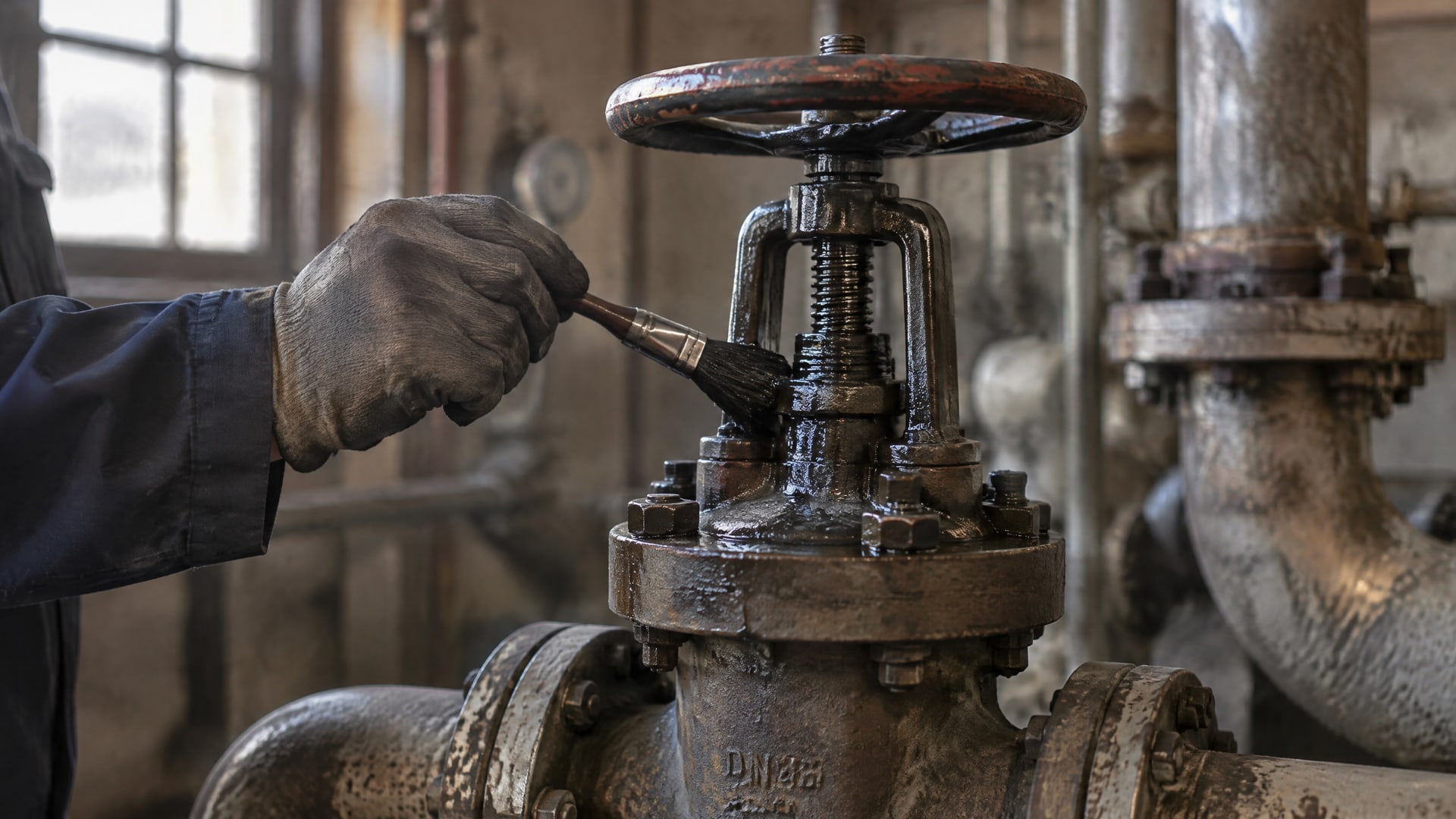 Металлический затвор задвижки с темным покрытием для задвижек на всех резьбовых соединениях.