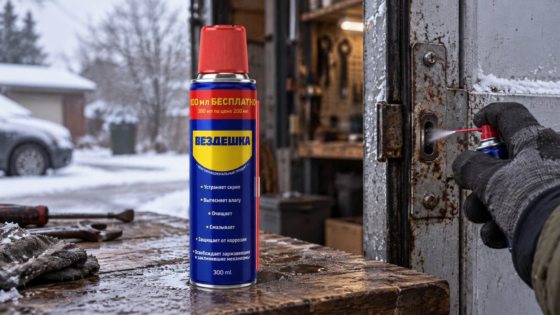 Рука в перчатке наносит универсальную смазку WD-40 на гаражный замок.