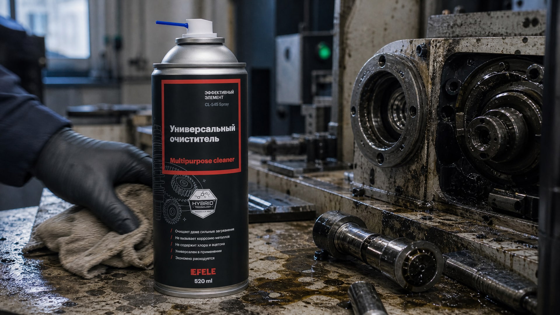 Рука в перчатке наносит EFELE CL-545 Spray, чтобы сож не пенилась.