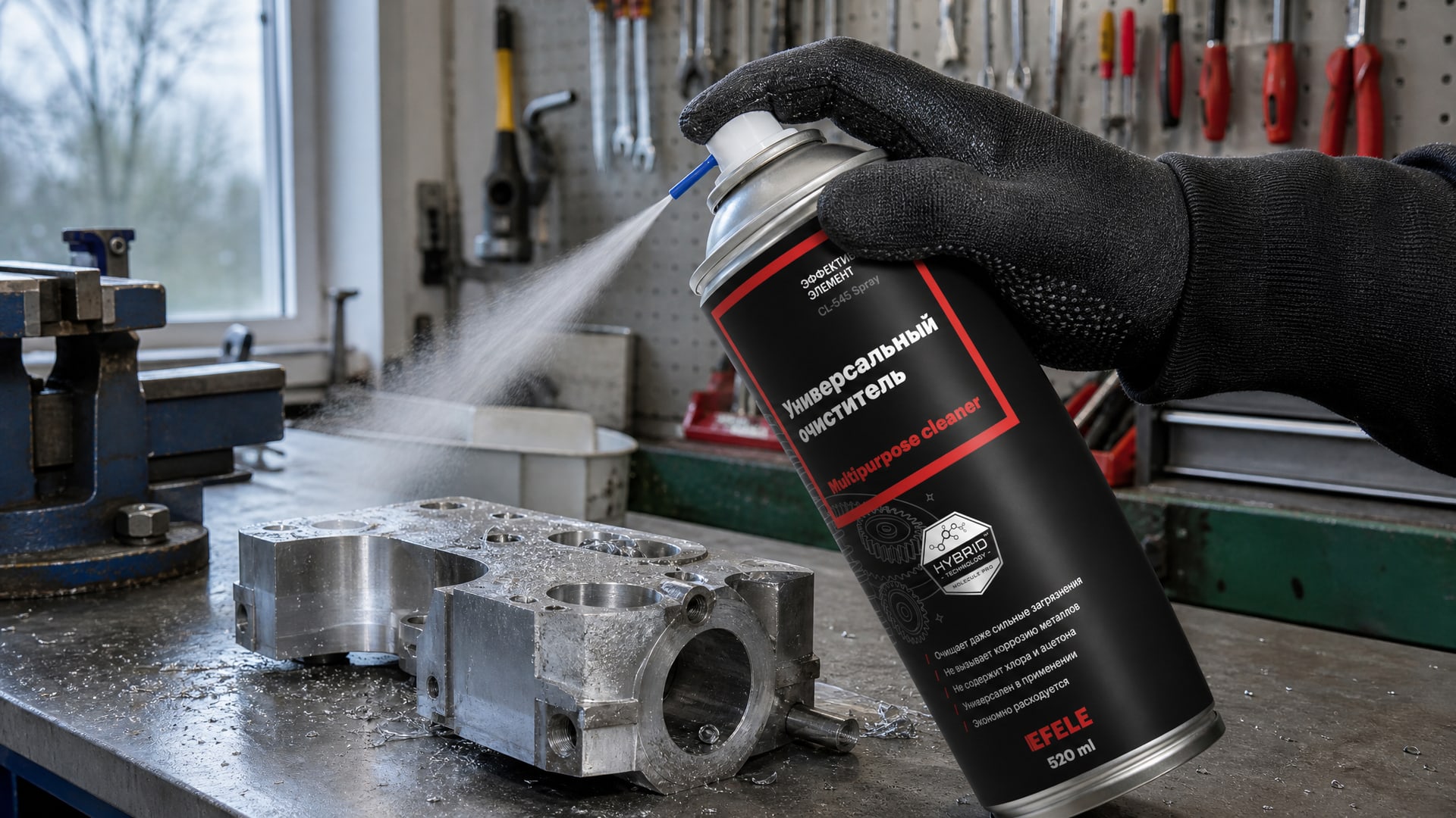 Рука наносит EFELE CL-545 Spray на упаковку для чистоты поверхности.