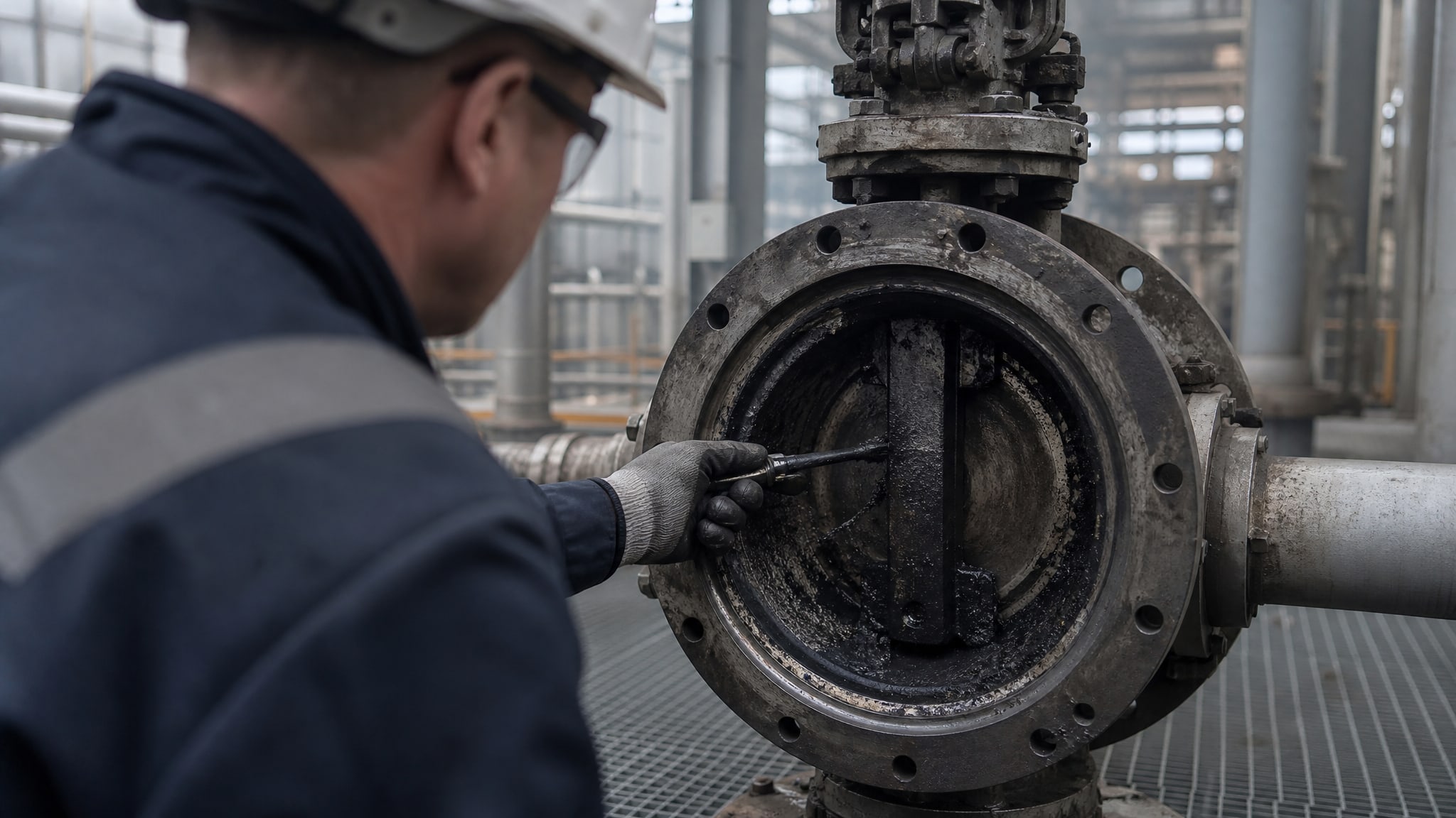 Смазка для газовых кранов закоксовалась на внутренней поверхности уплотнения промышленного клапана, образовав твердые отложения.