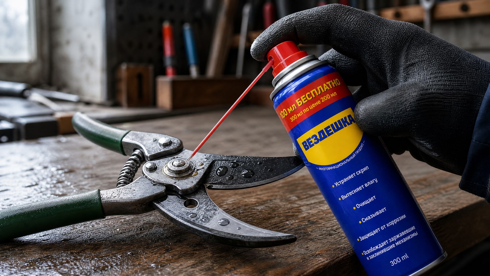 Рука в перчатке наносит универсальную смазку WD40 на садовый секатор.