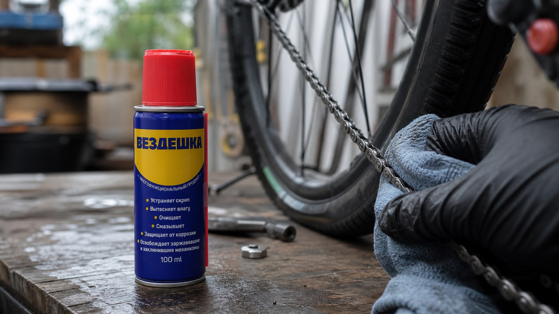 Рука в перчатке наносит универсальную смазку wd-40 на цепь.