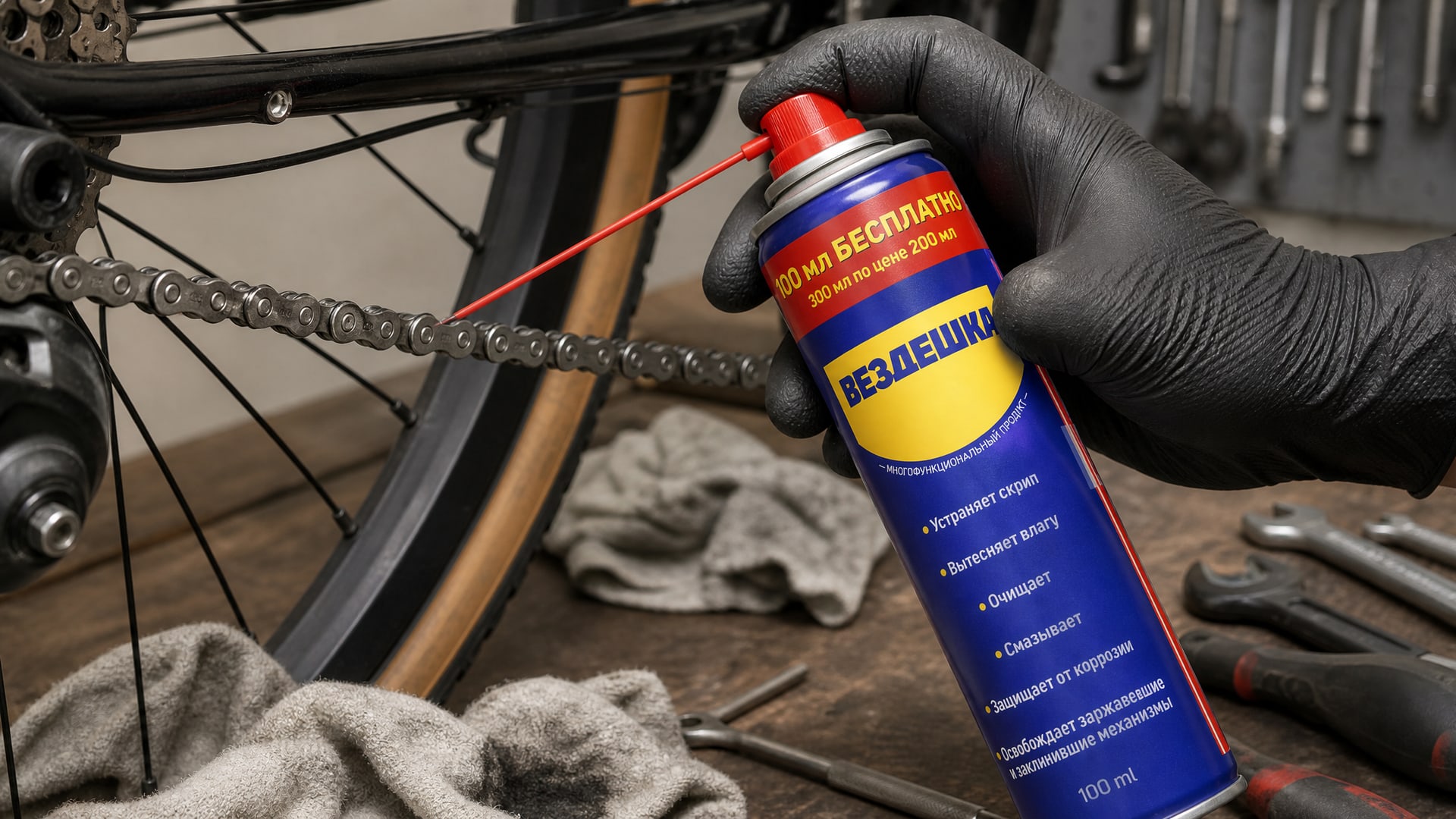 Рука наносит универсальную смазку WD-40 на цепь велосипеда.